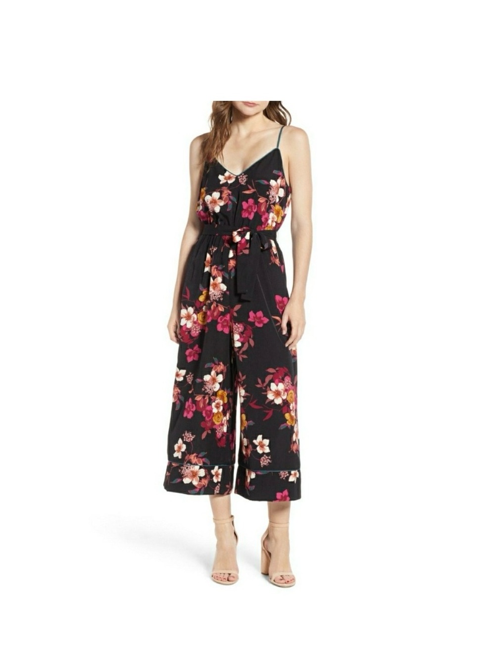 NWOT Leith Black Floral Wide-Leg Spaghetti-Strap Jumpsuit